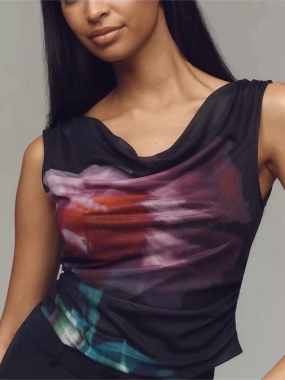 Anthropologie Black Sleeveless Cowl-Neck Camisole with Abstract Multicolor Print